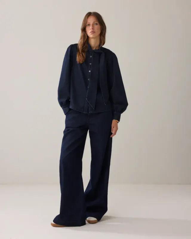 Summum, denim bowtie blouse with lurex, mørk blå